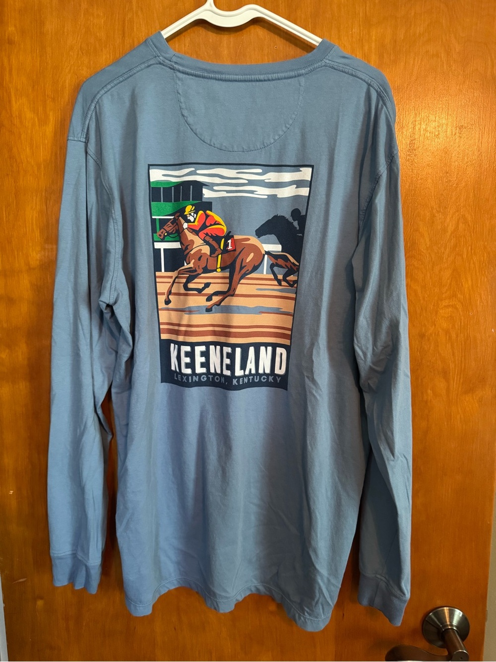 Men’s Keeneland Long Sleeve Graphic Tee - Dusty Blue Horse Race
